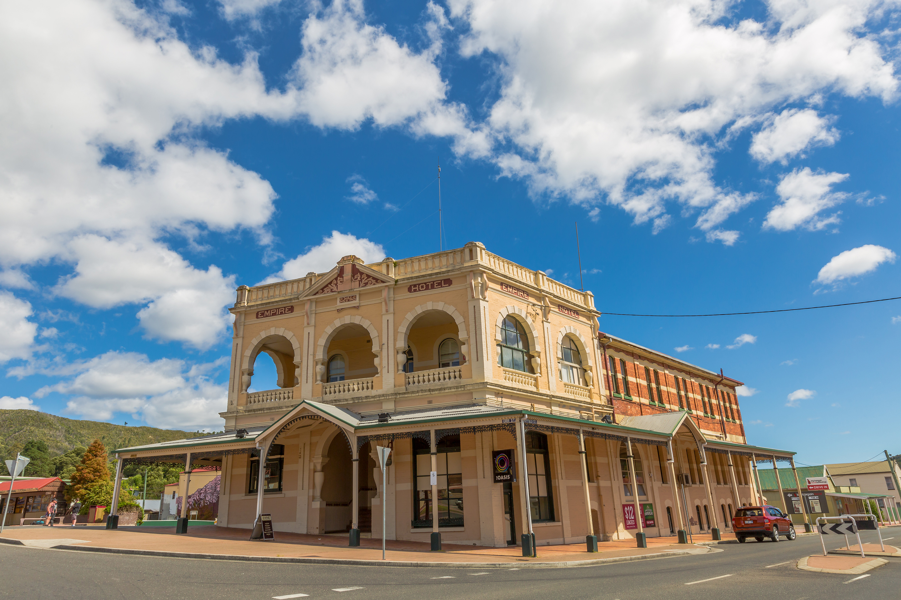 Queenstown, Tasmania, Australia - January 10, 2015: Empire Hotel in Victorian style, in historic Queenstown, the largest town on Tasmanias west coast